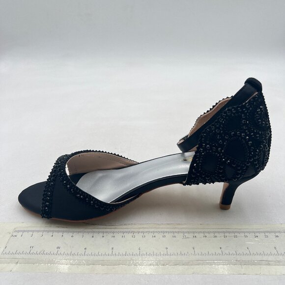 XYD Black Open Toe Rhinestones Ankle Strap Sandals Low Heel Bridal Evening Shoes - Picture 2 of 8